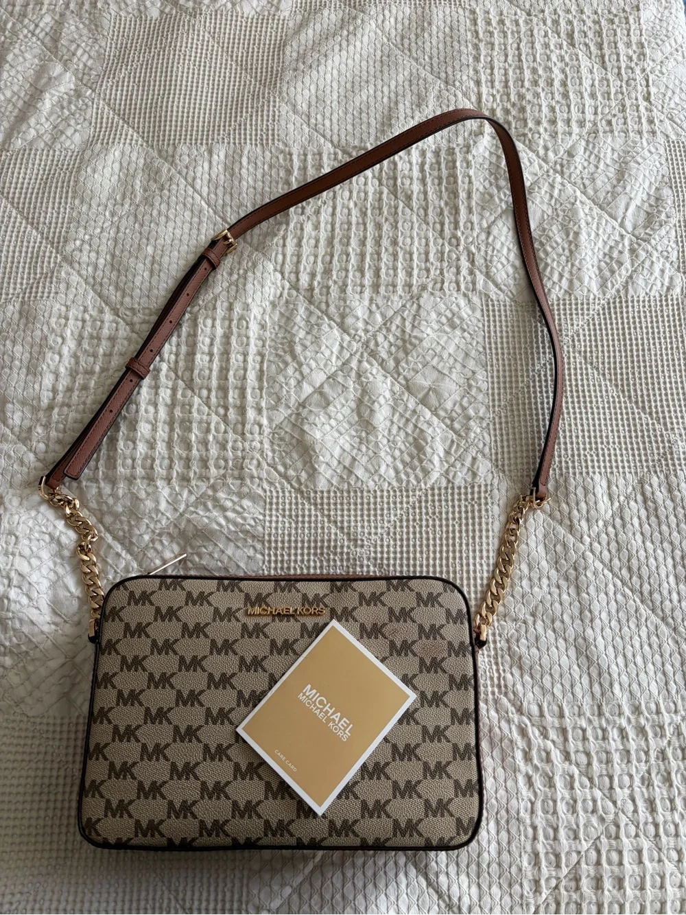Michael Kors Beige Brown Logo Crossbody Bag with Gold Hardware
